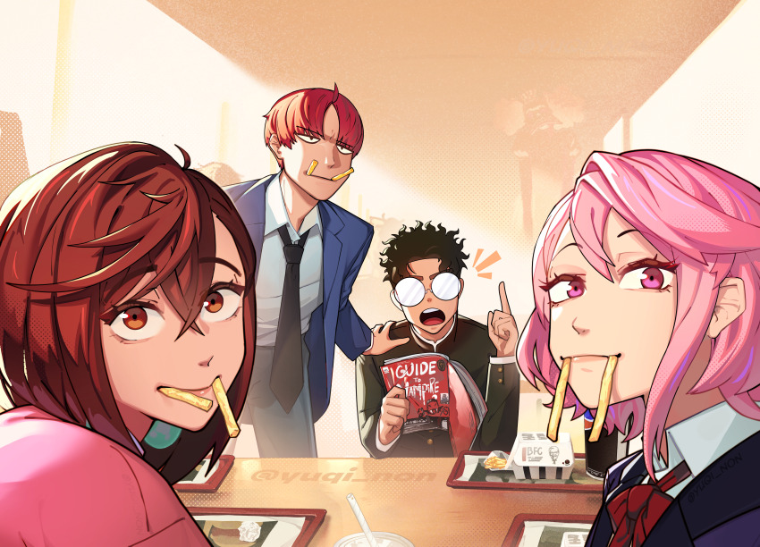 2boys, 2girls, absurdres, artist_name, ayase_momo, bad_link, bad_reddit_link, black_hair, black_jacket, black_necktie, blazer, blue_jacket, blue_pants, bob_cut, bow, bowtie, brown_eyes, brown_hair, closed_mouth, collared_shirt, commentary, constricted_pupils, copyright_name, crossed_bangs, cup, dandadan, disposable_cup, dress, drinking_straw, earrings, english_commentary, english_text, enjoji_jin, fake_teeth, food, food_in_mouth, food_packaging, french_fries, gakuran, glasses, hair_between_eyes, halftone, highres, holding, holding_magazine, index_finger_raised, indoors, jacket, jewelry, jitome, kfc, lips, long_sleeves, loose_necktie, magazine_(object), medium_hair, messy_hair, mouth_hold, multiple_boys, multiple_girls, necktie, notice_lines, opaque_glasses, open_clothes, open_jacket, open_mouth, pants, pendant_earrings, pink_eyes, pink_hair, pink_sweater, raised_eyebrows, red_bow, red_bowtie, red_hair, restaurant, round_eyewear, round_teeth, school_uniform, shiratori_aira_(dandadan), shirt, short_hair, smile, sweater, table, takakura_ken_(dandadan), teeth, thick_eyebrows, tray, twitter_username, upper_teeth_only, upturned_eyes, wavy_hair, white_dress, white_shirt, yuqi_non