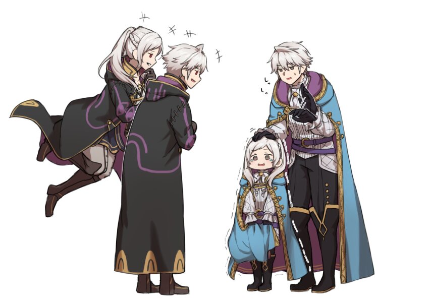 2boys, 2girls, aged_down, ascot, black_boots, black_gloves, black_robe, blue_cape