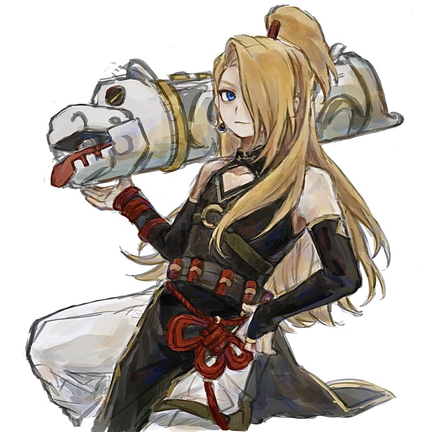 1boy, black_gloves, blonde_hair, blue_eyes, chinese_commentary, chinese_knot, cleavage_cutout, closed_mouth, clothing_cutout, commentary_request, deidara_(naruto), earrings, elbow_gloves, fingerless_gloves, gloves, gold_trim, hair_over_one_eye, hand_on_own_hip, highres, jewelry, long_hair, male_focus, naruto_(classic), naruto_(series), naruto_shippuuden, pants, ponytail, side_slit, sleeveless, smile, solo, white_pants, zhangxijin