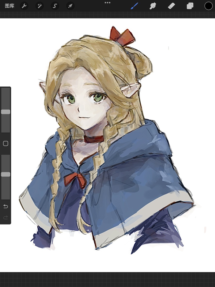 1girl, blonde_hair, blue_capelet, blue_shirt, bow, braid, capelet, chinese_commentary, choker, closed_mouth, commentary_request, cropped_torso, dungeon_meshi, green_eyes, grey_trim, hair_bow, highres, long_hair, long_sleeves, marcille_donato, parted_bangs, pointy_ears, red_bow, red_choker, shirt, simple_background, smile, solo, twin_braids, white_background, zhangxijin