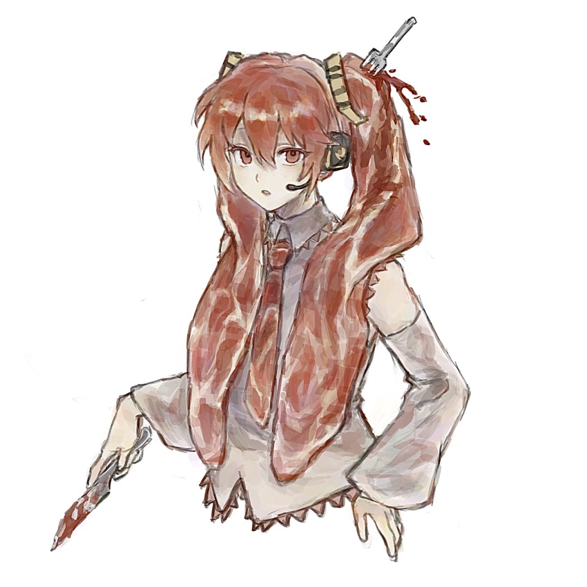 1girl, blood, chinese_commentary, collared_shirt, commentary_request, cropped_torso, detached_sleeves, fork