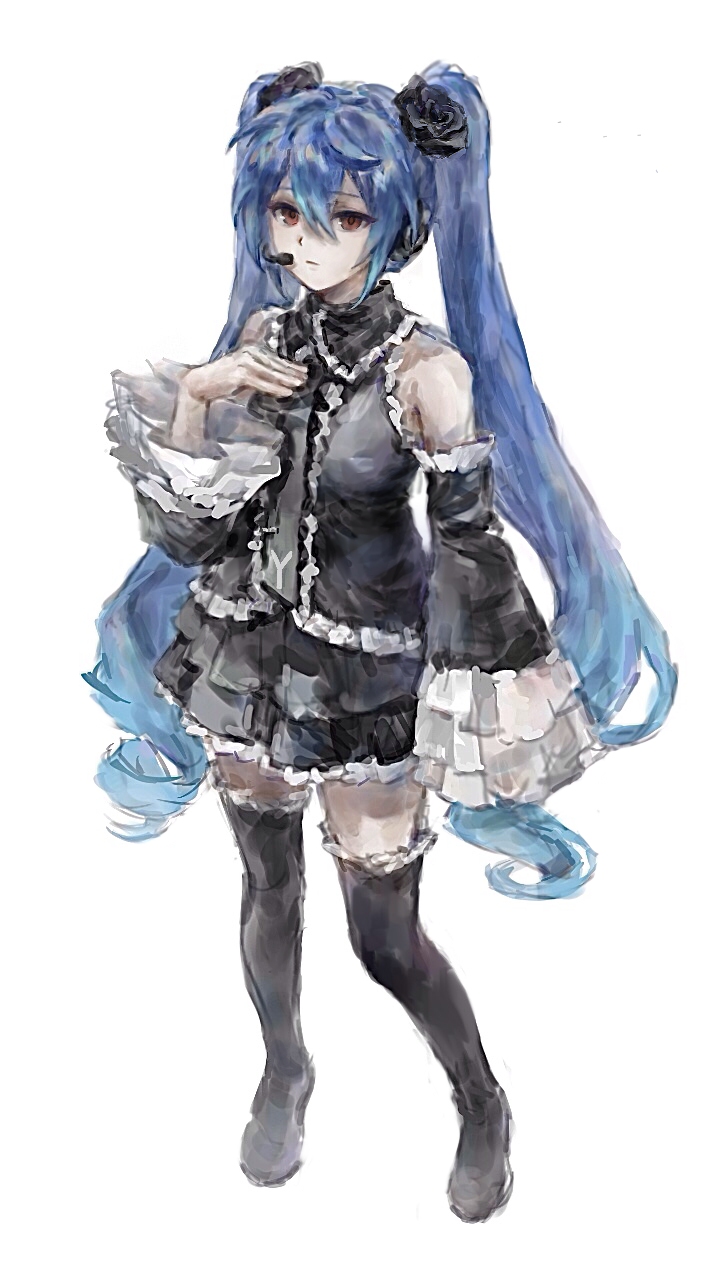 1girl, black_boots, black_flower, black_rose, black_shirt, black_skirt, black_sleeves, blue_hair