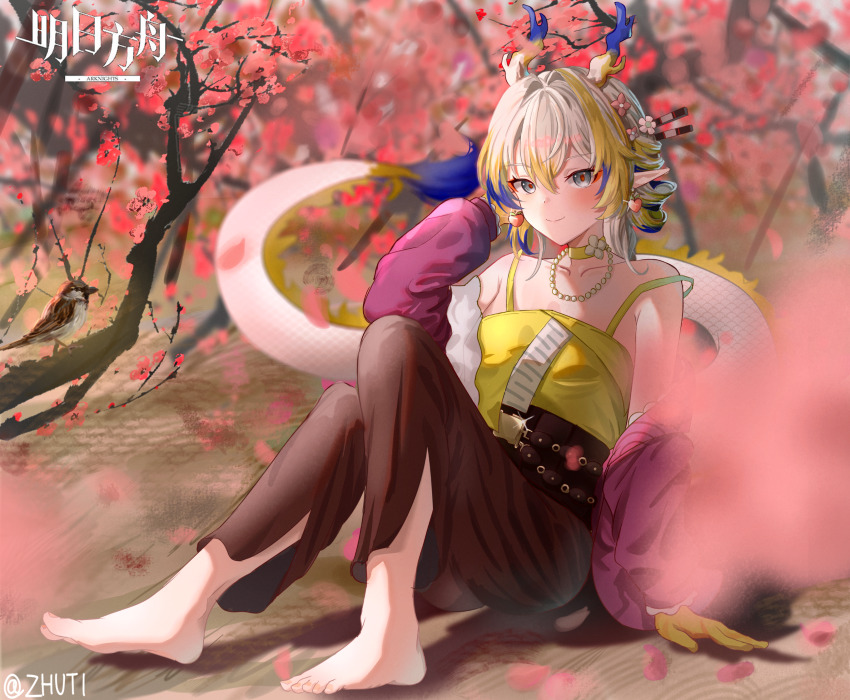 1girl, animal, arknights, arm_up, bare_shoulders, barefoot, bird, blonde_hair