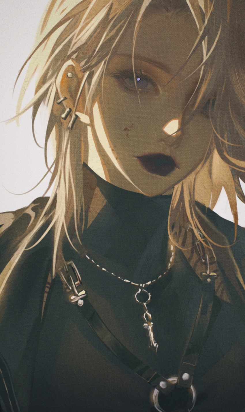 1girl, absurdres, belt, belt_buckle, black_belt, black_jacket, black_lips, black_shirt