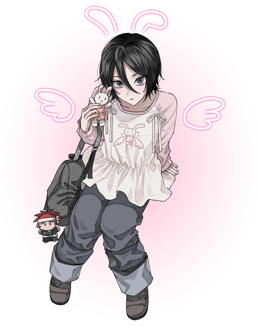 1girl, abarai_renji, amugonagurim, bag, black_hair, bleach, denim, hair_between_eyes, highres, jeans, kuchiki_rukia, looking_at_viewer, pants, purple_eyes, rabbit, short_hair, simple_background, solo, toy, wings