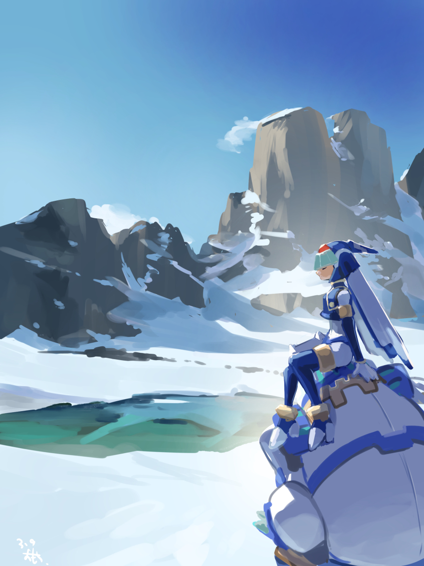 1girl, armor, blue_armor, blue_helmet, blue_sky, fairy_leviathan_(mega_man), fins, forehead_jewel