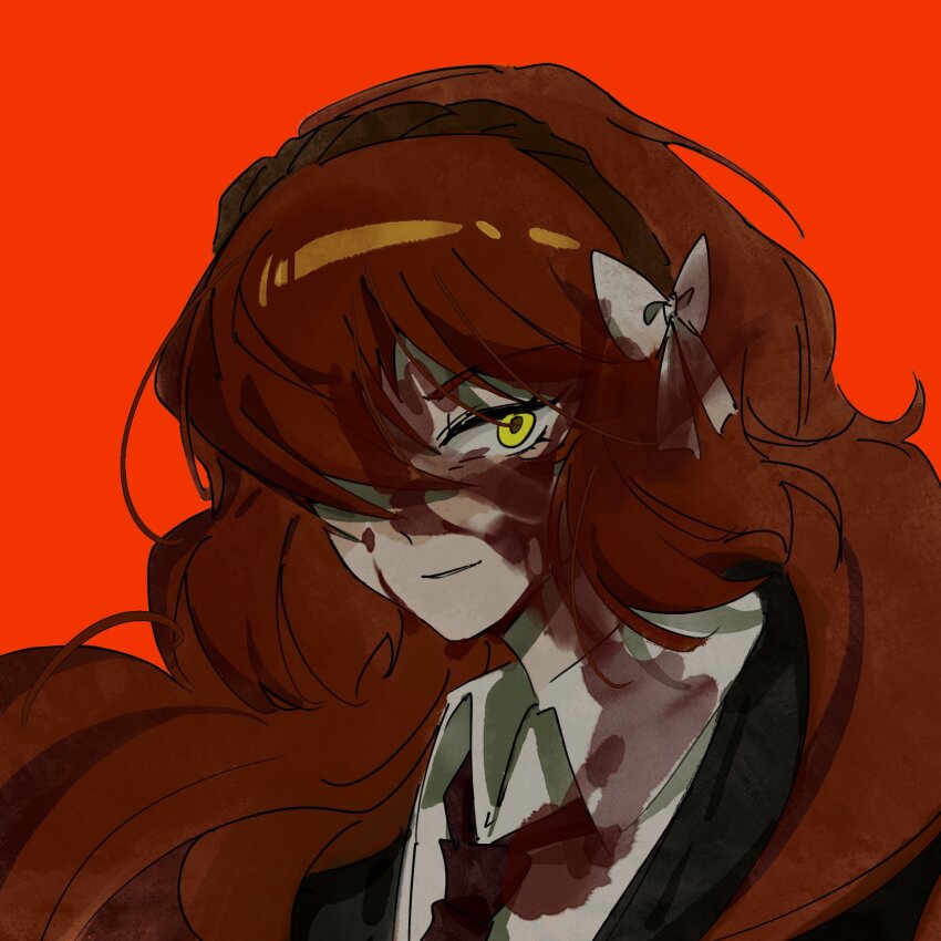 1girl, black_jacket, blood, blood_in_hair, blood_on_clothes, blood_on_face, bow, brown_hairband