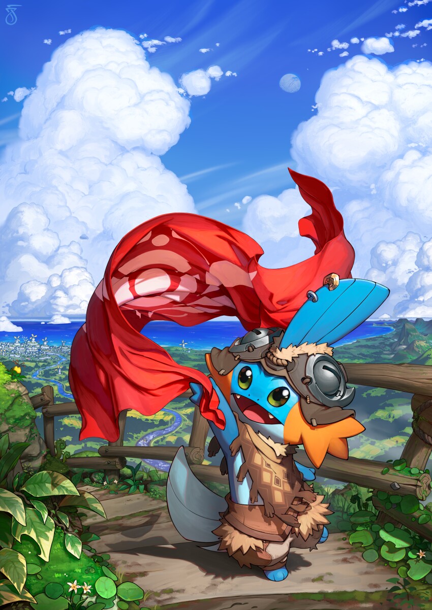 absurdres, artist_logo, blue_sky, brown_hat, brown_pants, brown_poncho, chibikemo, clothed_pokemon