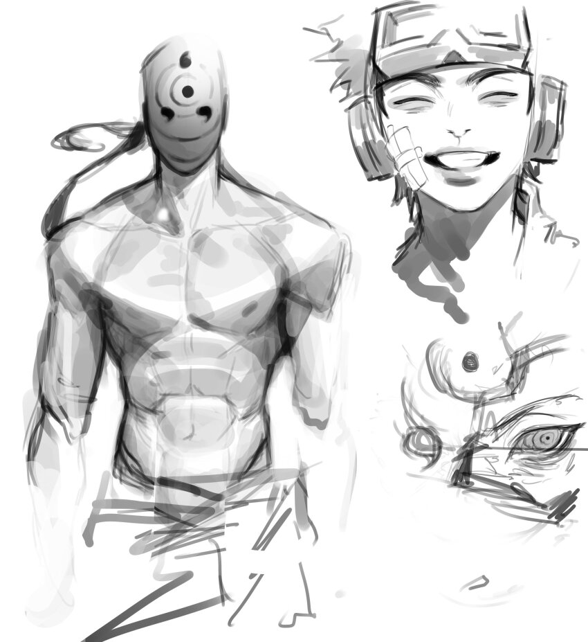 1boy, abs, closed_eyes, goggles, grin, highres, male_focus, mask