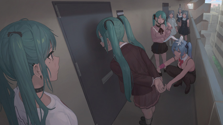 6+girls, absurdres, animal_ears, apartment, aqua_hair, bags_under_eyes, black_choker, black_ribbon