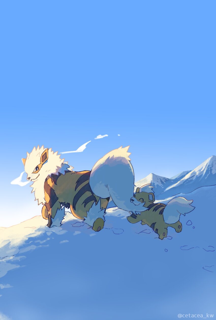 arcanine, biting_another's_tail, blue_sky, breath, cetacea_kw, closed_mouth, evolutionary_line, fluff
