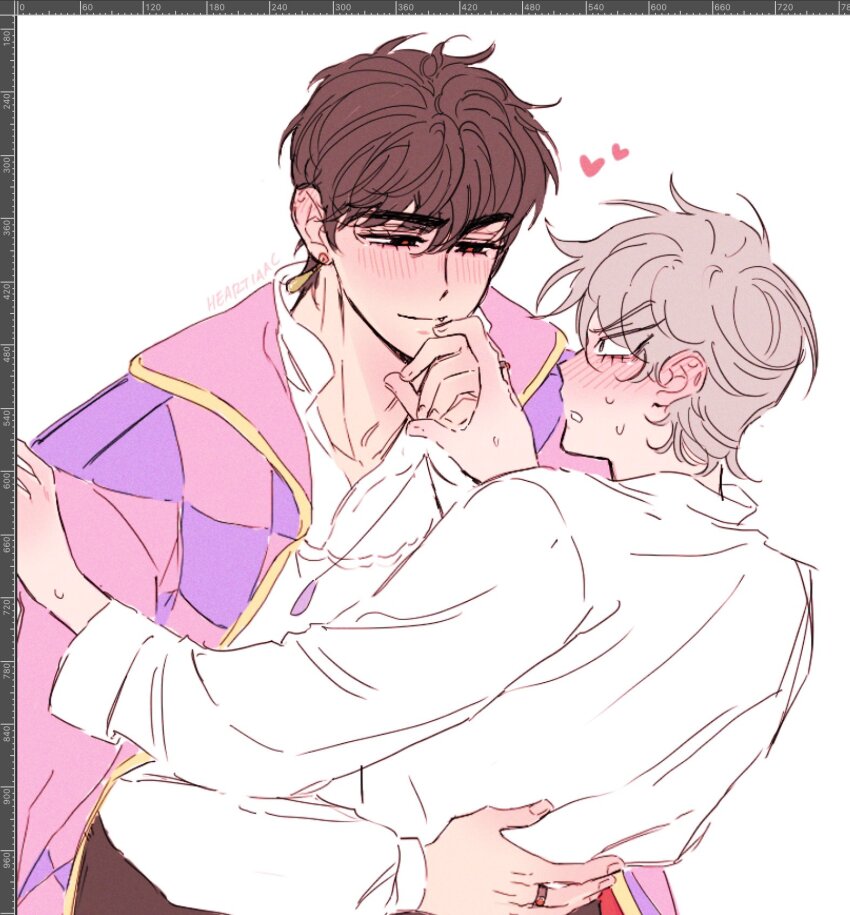 2boys, alien_stage, art_program_in_frame, black_eyes, black_hair, blush, commentary, cosplay