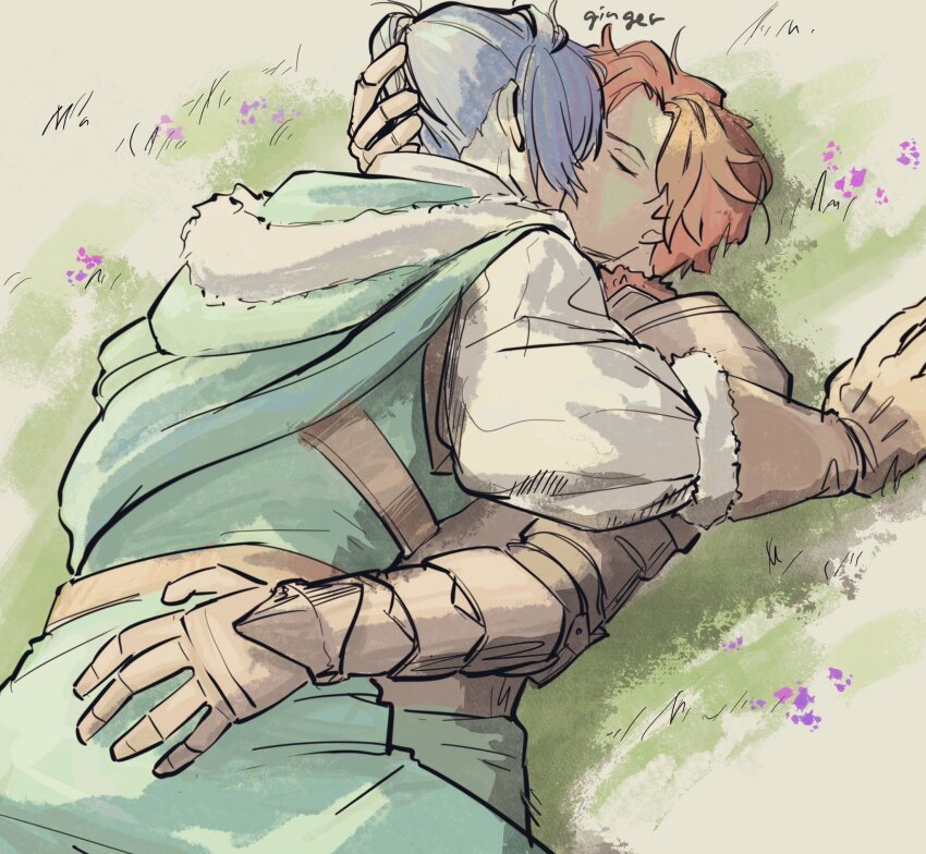 2boys, aqua_cape, aqua_tunic, armor, belt, blue_hair, brown_belt, brown_gloves