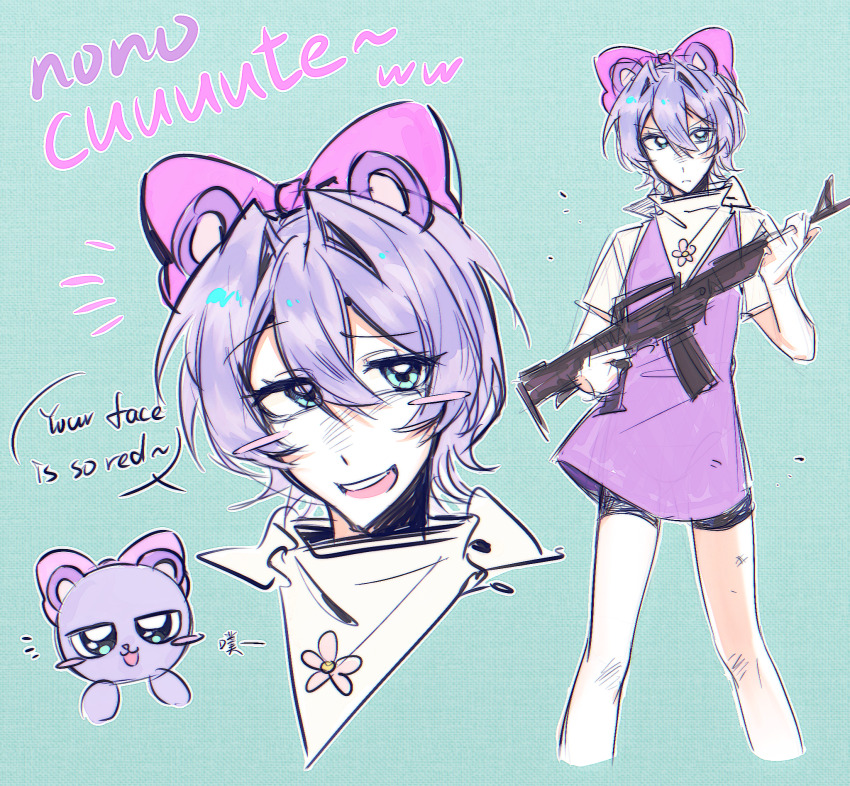 1girl, animal_ears, aqua_eyes, assault_rifle, bandana, bandana_around_neck, black_shorts, blush_stickers, bow, chinese_commentary, closed_mouth, commentary_request, dress, english_text, frown, gun, hair_between_eyes, hair_bow, hair_intakes, highres, holding, holding_gun, holding_weapon, humanization, multiple_views, nono_(pretty_blood), open_mouth, pink_bow, pink_dress, pretty_blood, purple_hair, rifle, shirt, short_sleeves, shorts, shorts_under_dress, siyuyuan82128, sketch, smile, v-shaped_eyebrows, weapon, white_bandana, white_shirt