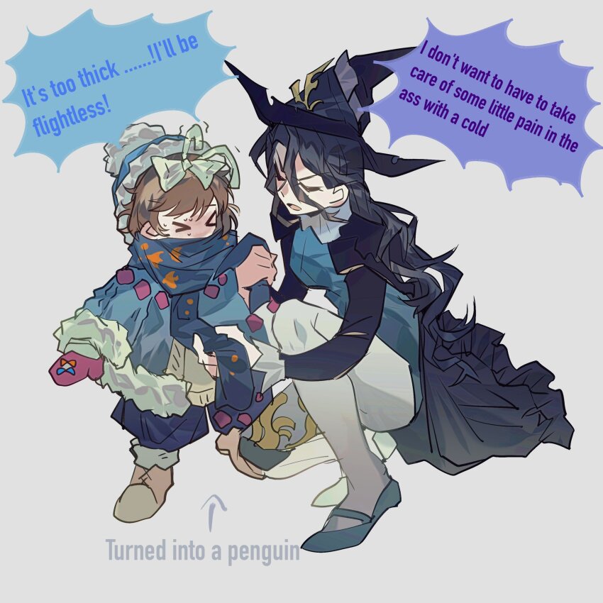 2girls, angry, black_hair, blush, brown_hair, closed_eyes, coat, dressing_another, english_text, flutterpage, guess1023, hat, highres, long_hair, mittens, multiple_girls, profanity, reverse:1999, scarf, shoes, speech_bubble, sweat, white_background, willow_(reverse:1999), witch_hat