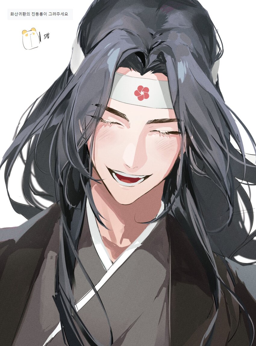 1boy, baekcheon_(return_of_the_mount_hua_sect), black_hair, black_hanfu, blush, chinese_clothes, closed_eyes, eyelashes