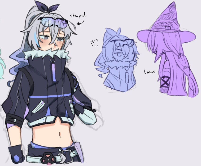 2girls, absurdres, akai_(atcually), belt, black_jacket, crop_top, cropped_jacket, eyewear_on_head, fur-trimmed_jacket, fur_trim, grey_eyes, grey_hair, herta_(honkai:_star_rail), high_collar, highres, honkai:_star_rail, honkai_(series), jacket, long_hair, midriff, multiple_girls, navel, silver_wolf_(honkai:_star_rail), stomach, sunglasses, the_herta_(honkai:_star_rail)