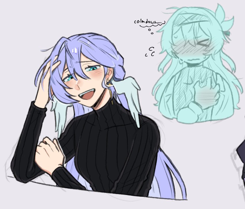 :d, akai_(atcually), aqua_eyes, black_sweater, blush, firefly_(honkai:_star_rail), hair_between_eyes, hand_on_own_hip