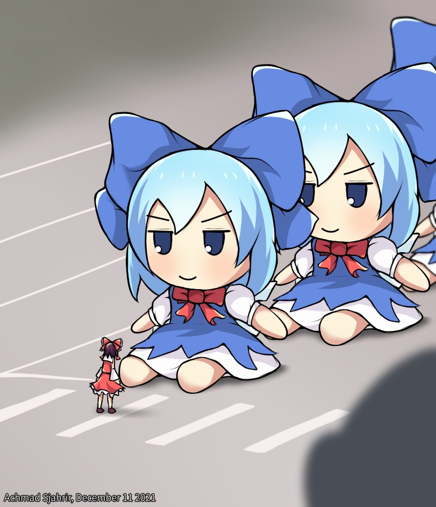 1girl, achmad_sjahrir, artist_name, blue_bow, blue_dress, blue_eyes, blue_hair, bow