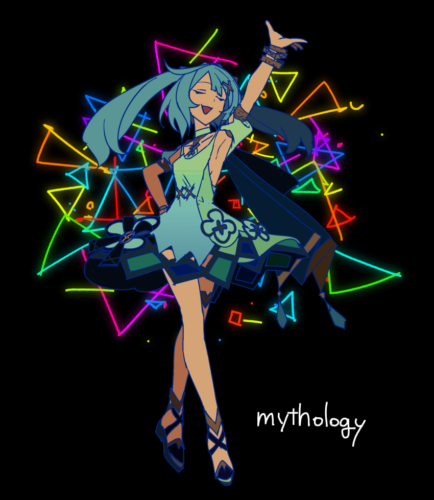 1girl, arm_up, armpits, black_background, blue_dress, blue_hair, closed_eyes, clothing_cutout
