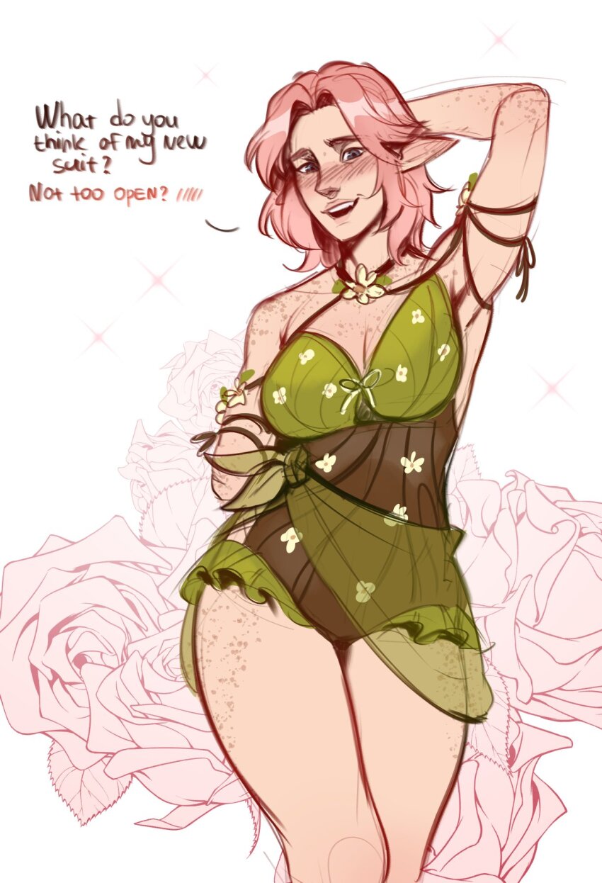 1girl, baldur's_gate, baldur's_gate_3, blush, body_freckles, breasts, cleavage, curvy, dungeons_&amp;_dragons, english_text, fang, floral_print_one-piece_swimsuit, freckles, highres, large_breasts, one-piece_swimsuit, pink_hair, poofroom_fanart, solo, swimsuit, tav_(baldur's_gate), thick_thighs, thighs, tied_skirt