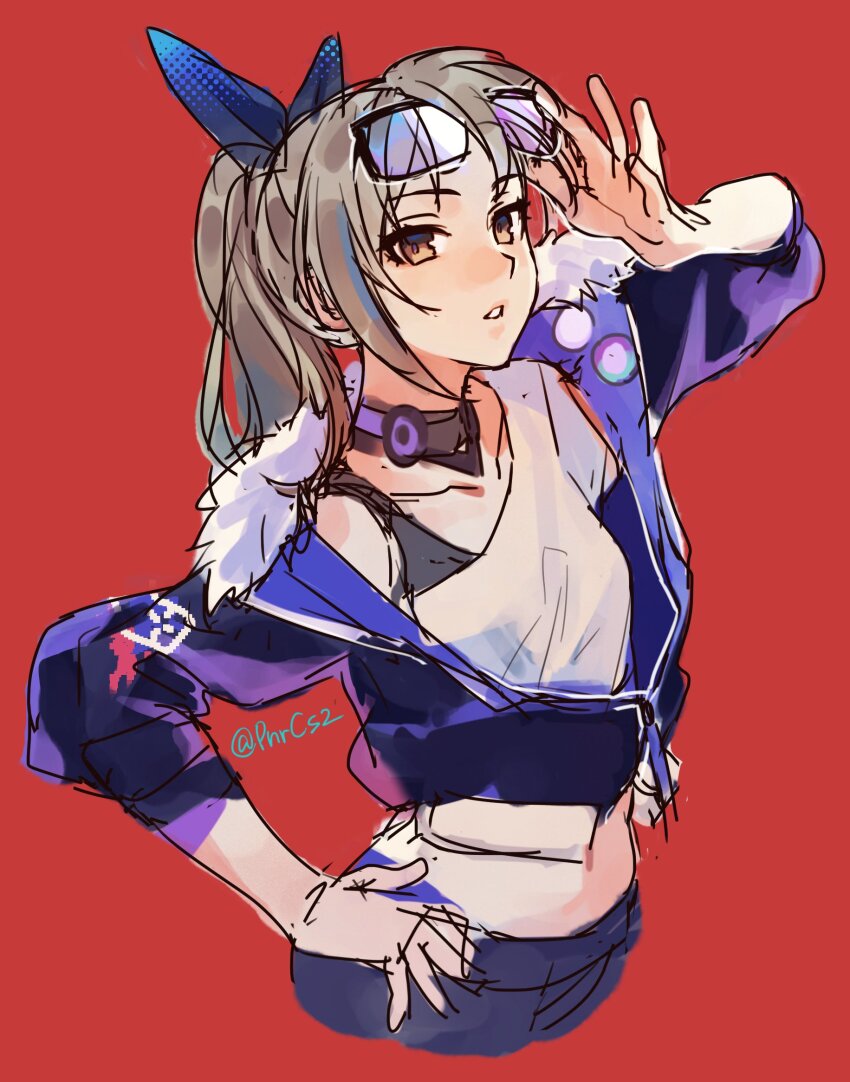 1girl, blue_hair, brown_eyes, choker, cropped_legs, eyewear_on_head, fur-trimmed_jacket, fur_trim