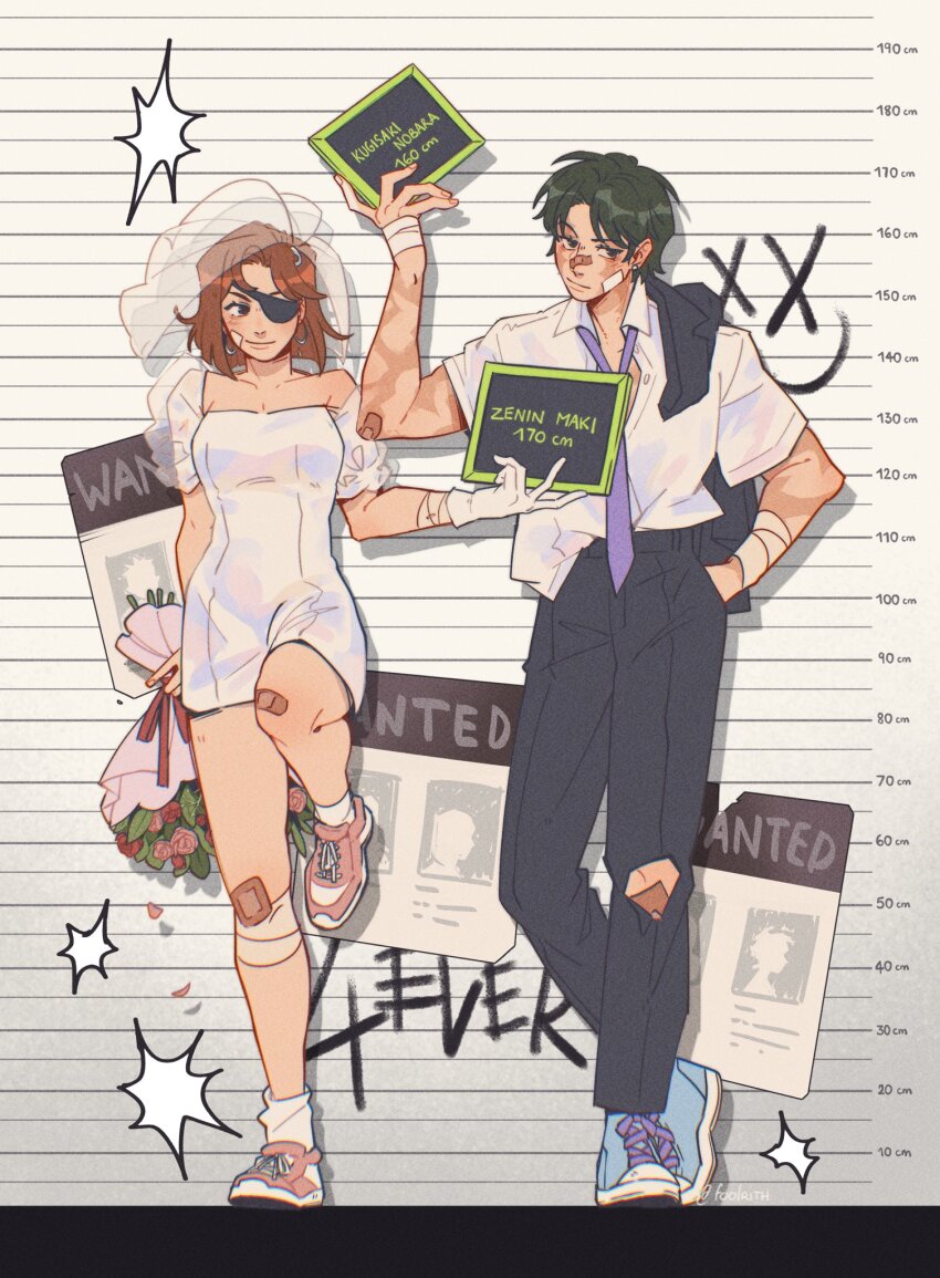 2boys, 2girls, androgynous, black_pants, bouquet, bridal_veil, brown_hair, cosplay, dress, flower, fool_rith, gloves, green_hair, highres, kininatteru_hito_ga_otoko_ja_nakatta, koga_mitsuki, koga_mitsuki_(cosplay), multiple_boys, multiple_girls, necktie, oosawa_aya, oosawa_aya_(cosplay), pants, scar, scars_all_over, shirt, shoes, short_dress, short_hair, sneakers, standing, too_many, veil, wanted_poster, white_gloves, white_shirt, zen'in_maki, zen'in_maki_(post_shibuya)