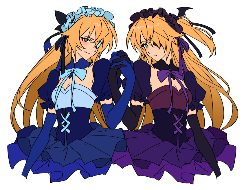 2girls, black_gloves, black_hairband, blonde_hair, blue_gloves, blue_ribbon, breasts, cleavage