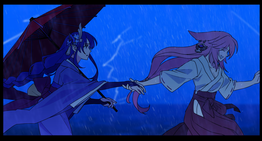 2girls, absurdres, animal_ears, black_border, border, braid, breasts, earrings, flower, fox_ears, fox_girl, from_side, genshin_impact, hair_flower, hair_ornament, hakama, highres, holding, holding_hands, holding_umbrella, japanese_clothes, jewelry, kimono, lightning, long_hair, miko, mole, mole_under_eye, multiple_girls, obi, oil-paper_umbrella, outdoors, pink_hair, pnrcs2, profile, purple_hair, purple_kimono, raiden_shogun, rain, red_hakama, ribbon-trimmed_sleeves, ribbon_trim, sash, single_braid, umbrella, very_long_hair, white_kimono, yae_miko