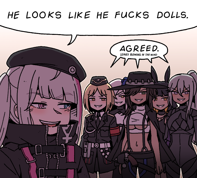 6+girls, aiguillette, alchemist_(girls'_frontline), animal_ears, armband, belt, beret, black_bodysuit, black_hair, black_jacket, black_necktie, black_pants, black_skirt, blonde_hair, blue_eyes, bodysuit, breasts, brown_eyes, brown_hair, colt_walker, colt_walker_(girls'_frontline), commission, commissioner_upload, cowboy_hat, cowboy_shot, english_text, garrison_cap, girls'_frontline, girls'_frontline_2:_exilium, girls'_frontline_neural_cloud, green_eyes, grey_hair, hair_between_eyes, hair_over_one_eye, hat, heterochromia, holster, imhotep_(neural_cloud), jacket, jacket_on_shoulders, karepack, large_breasts, long_hair, looking_to_the_side, mdr_(girls'_frontline), medium_breasts, medium_hair, meme, mp40_(girls'_frontline), multiple_girls, navel, necktie, nemesis_(girls'_frontline_2), one_side_up, open_mouth, pants, pink_eyes, ponytail, pouch, purple_eyes, red_armband, she_looks_like_she_fucks_human_men_(meme), shirt, skirt, speech_bubble, suspenders, underboob, upper_body, white_hair, white_shirt, yellow_eyes