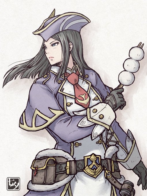 1girl, belt, belt_pouch, black_belt, black_gloves, blue_coat, blue_eyes, blue_hat, buttons, closed_mouth, coat, dame_luchika, dango, floating_hair, food, gloves, grey_hair, hat, holding, holding_food, long_hair, long_sleeves, monster_hunter_(series), monster_hunter_rise, multicolored_coat, necktie, parted_bangs, pink_lips, pouch, red_necktie, sleeve_cuffs, solo, tanabanata, tricorne, two-tone_coat, wagashi, white_coat