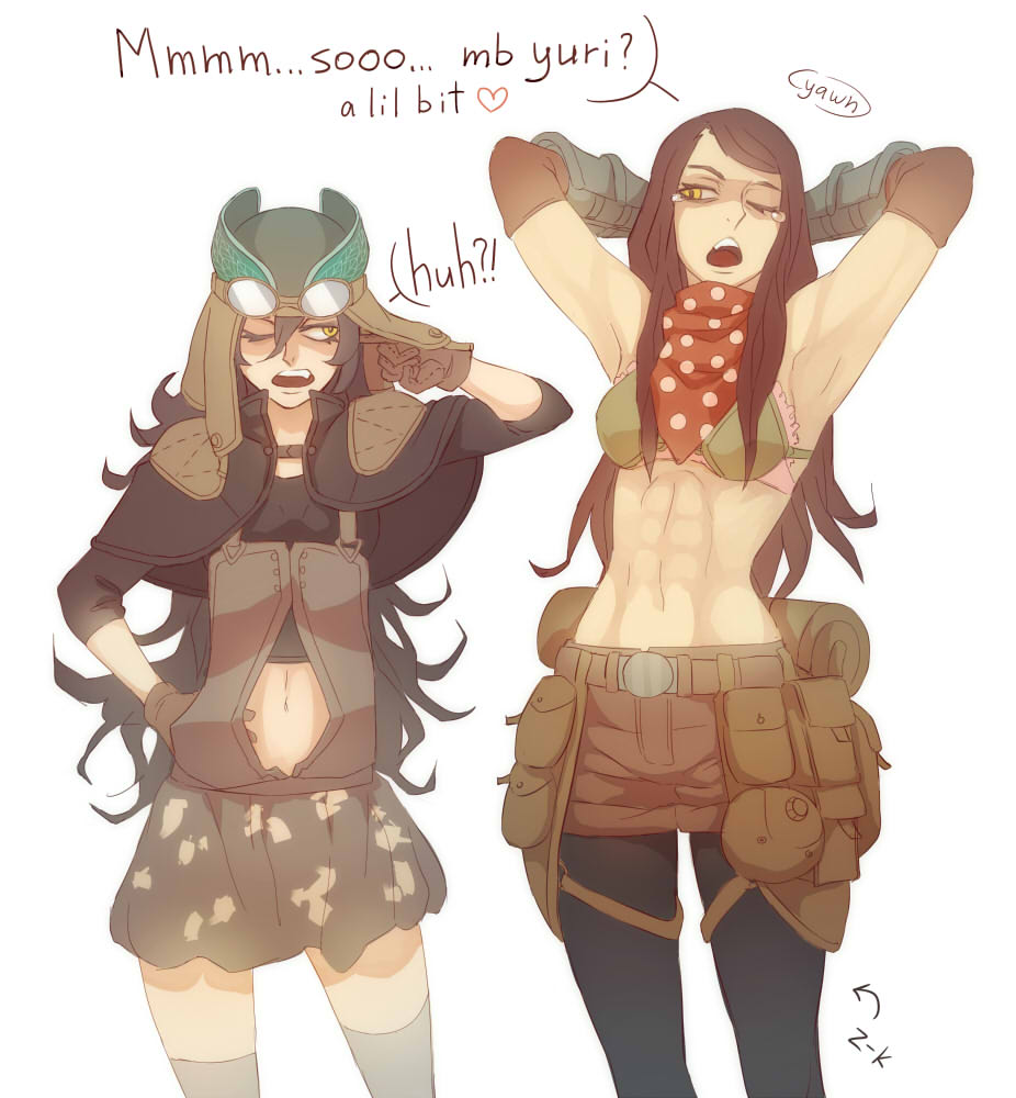 24hrscoma, 2girls, abs, adapted_costume, armpits, arms_behind_head, bikini, bikini_top_only