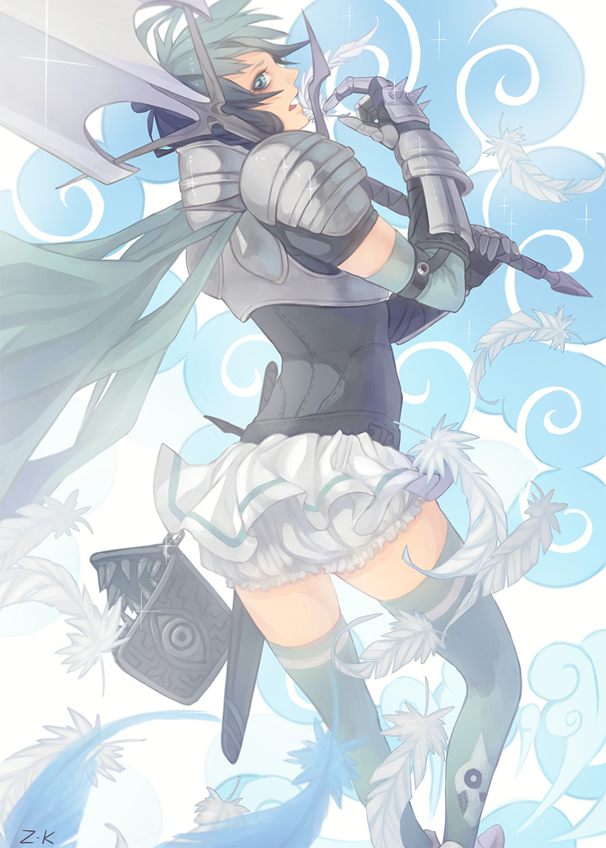 1girl, 24hrscoma, armor, black_gloves, black_shirt, bloomers, blue_eyes, blue_gloves