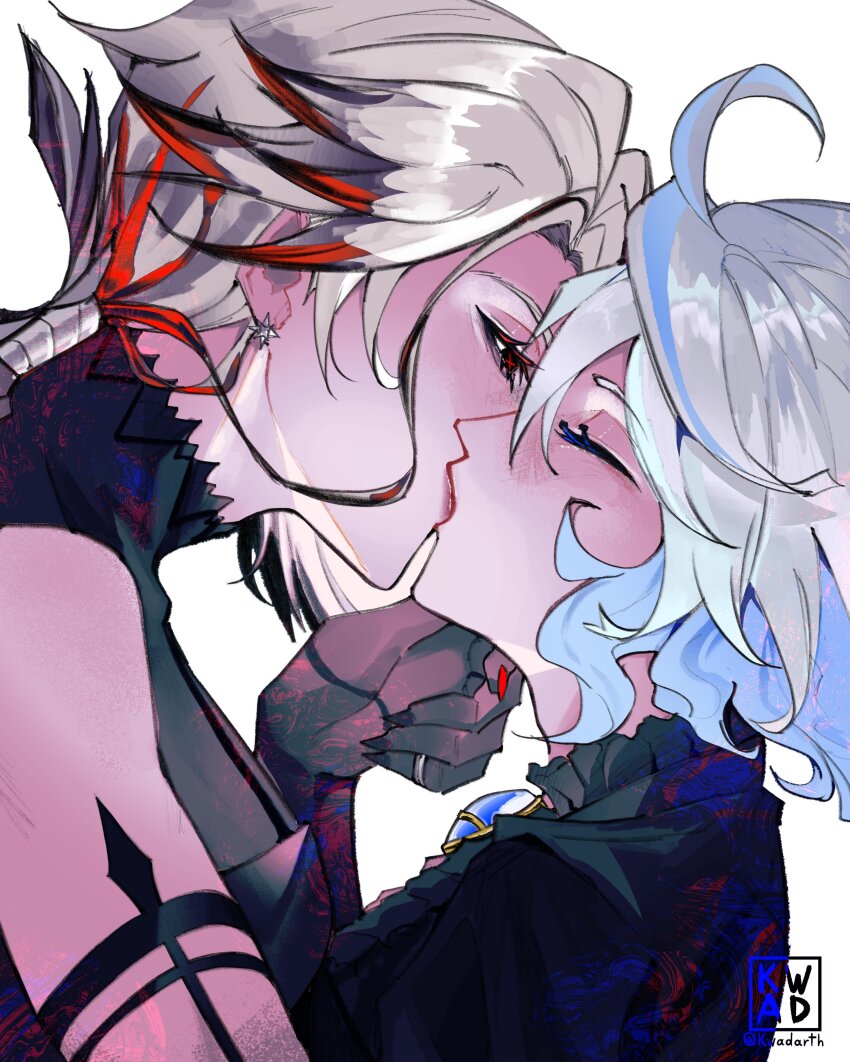 2girls, absurdres, ahoge, arlecchino_(genshin_impact), artist_name, black_eyes, blue_hair, closed_eyes, colored_eyelashes, commentary, furina_(genshin_impact), genshin_impact, hand_on_another's_chin, hashtag-only_commentary, highres, jewelry, kiss, kwadarth, multiple_girls, red_pupils, ring, symbol-shaped_pupils, white_hair, x-shaped_pupils, yuri