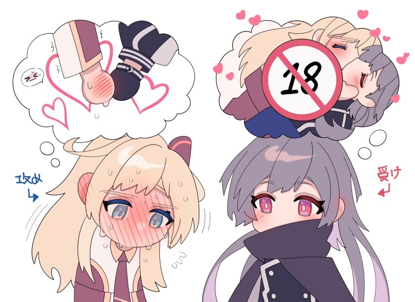 2girls, blonde_hair, blush, brown_necktie, collared_dress, commentary_request, couple, dress