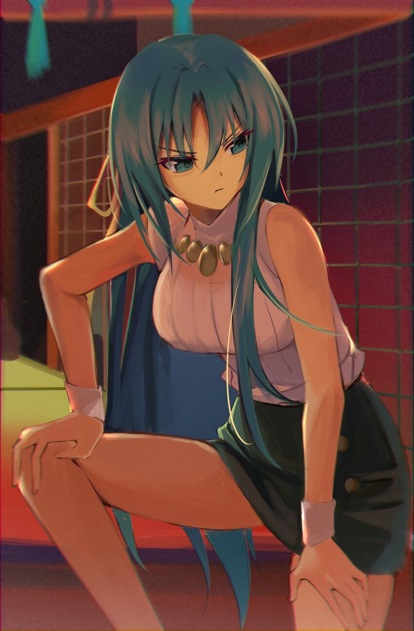 1girl, absurdres, bare_shoulders, black_skirt, breasts, chromatic_aberration, closed_mouth, green_eyes