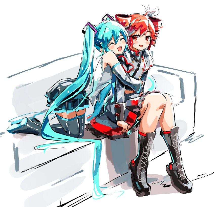 2girls, absurdly_long_hair, absurdres, ahoge, belt, black_belt, black_boots, black_skirt