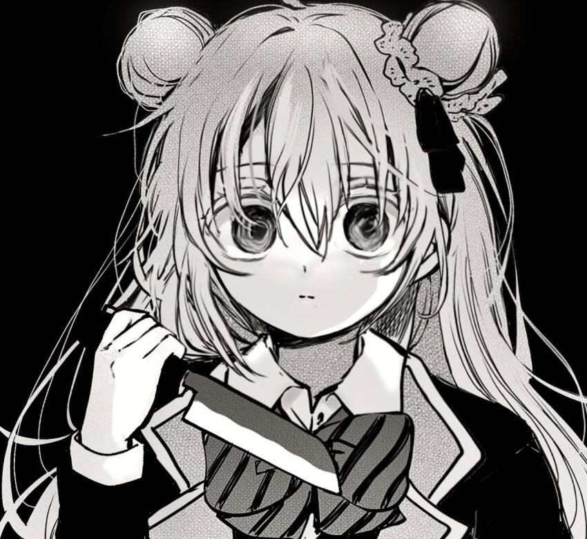 1girl, blazer, bow, bowtie, double_bun, empty_eyes, greyscale, hair_bun, hair_ribbon, happy_sugar_life, holding, holding_knife, jacket, knife, long_hair, long_sleeves, looking_at_viewer, matsuzaka_satou, mirariso_m, monochrome, ribbon, solo, striped_bow, striped_bowtie, striped_clothes, upper_body, yandere