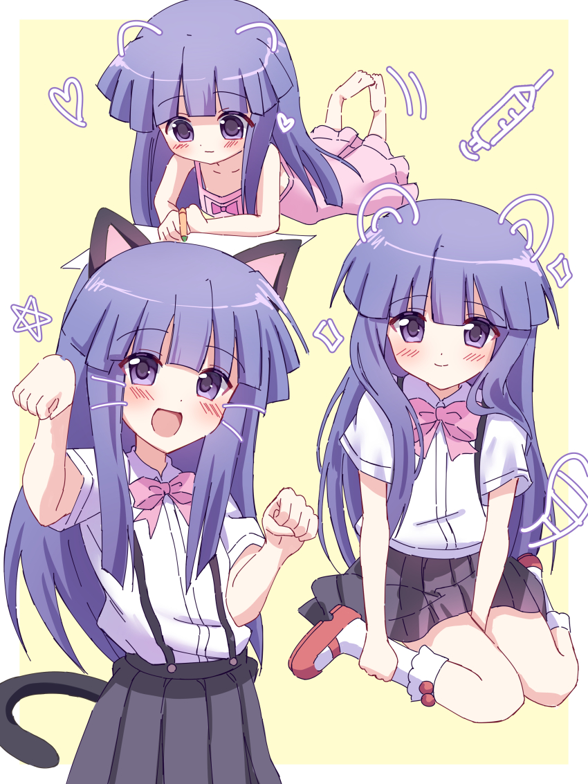 1girl, absurdres, animal_ears, black_skirt, blue_hair, blunt_bangs, blush, border, bow, bowtie, cat_ears, cat_tail, closed_mouth, collarbone, crayon, drawing_(action), drawn_ears, drawn_whiskers, dress, fake_animal_ears, fake_tail, full_body, furude_rika, heart, highres, higurashi_no_naku_koro_ni, holding, holding_crayon, long_hair, looking_at_viewer, lying, multiple_views, nyako_(x_nyako_x), on_stomach, open_mouth, paw_pose, pink_bow, pink_bowtie, pink_dress, pleated_skirt, purple_eyes, red_shoes, shirt, shoes, short_sleeves, sitting, skirt, sleeveless, sleeveless_dress, smile, socks, star_(symbol), suspender_skirt, suspenders, syringe, tail, white_border, white_shirt, white_socks, yellow_background