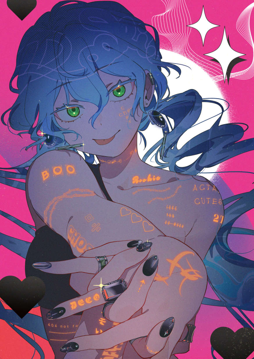 1girl, bare_shoulders, black_nails, black_shirt, blue_eyes, breasts, closed_mouth, crop_top