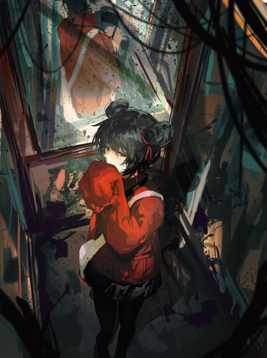 1girl, absurdres, bag, black_eyes, black_hair, black_pantyhose, black_skirt, cable