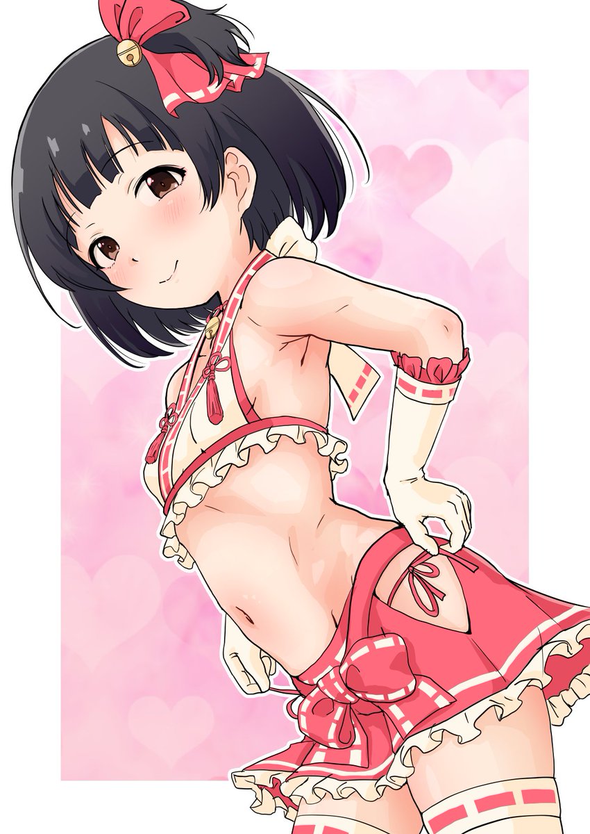 1girl, armpits, bare_shoulders, beika1677, bell, bikini, black_hair, blunt_bangs, blush, border, bow, breasts, brown_eyes, closed_mouth, clothing_cutout, collarbone, concept_maihime_(idolmaster), cowboy_shot, dot_nose, dutch_angle, elbow_gloves, frilled_gloves, frilled_shirt, frilled_skirt, frills, gloves, groin, hair_bell, hair_ornament, hair_ribbon, halter_shirt, halterneck, hands_on_own_hips, heart, heart_background, highres, hip_vent, idolmaster, idolmaster_million_live!, idolmaster_million_live!_theater_days, jingle_bell, looking_at_viewer, midriff, miniskirt, nakatani_iku, navel, neck_bell, nontraditional_miko, outside_border, pink_background, pink_bikini, pink_ribbon, pink_skirt, pleated_skirt, ribbon, ribbon-trimmed_gloves, ribbon-trimmed_shirt, ribbon-trimmed_thighhighs, ribbon_trim, seductive_smile, shirt, short_hair, side-tie_bikini_bottom, side_ponytail, sideboob, sidelocks, skirt, sleeveless, sleeveless_shirt, small_breasts, smile, solo, swimsuit, thighhighs, waist_bow, white_border, white_gloves, white_thighhighs, zettai_ryouiki