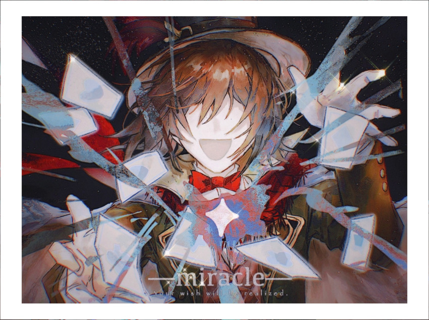 1boy, :d, black_hat, black_jacket, border, bow, bowtie, brown_hair, chinese_commentary, commentary_request, english_text, facing_viewer, hat, hat_feather, jacket, klein_moretti, long_sleeves, lord_of_the_mysteries, male_focus, merlin_hermes, old_xianchi, open_mouth, papers, red_bow, red_bowtie, red_scarf, scarf, shirt, short_hair, smile, solo, upper_body, white_border, white_shirt