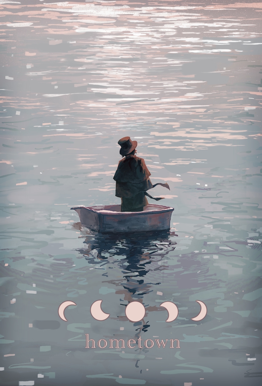 1boy, absurdres, black_capelet, black_hair, black_hat, black_jacket, boat, capelet