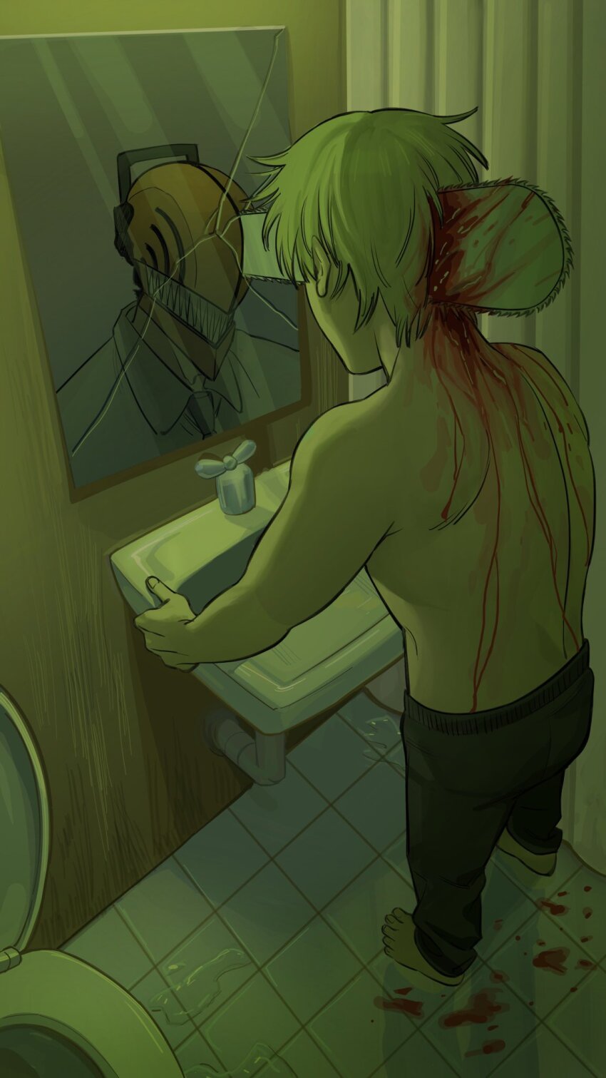 1boy, barefoot, black_pants, blonde_hair, blood, blood_in_hair, blood_on_back, blood_on_ground