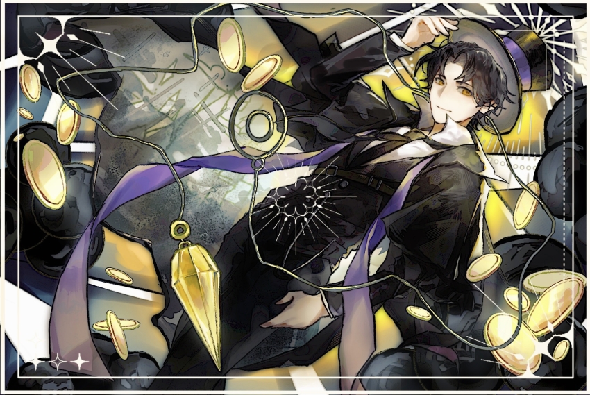 1boy, adjusting_clothes, adjusting_headwear, black_capelet, black_hat, black_jacket, black_necktie, black_pants