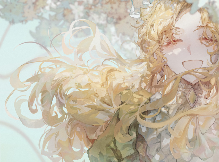 1girl, :d, absurdres, ascot, audrey_hall, blonde_hair, blue_sky, brooch