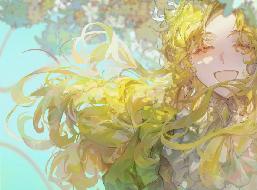 1girl, :d, absurdres, ascot, audrey_hall, blonde_hair, blue_sky, brooch