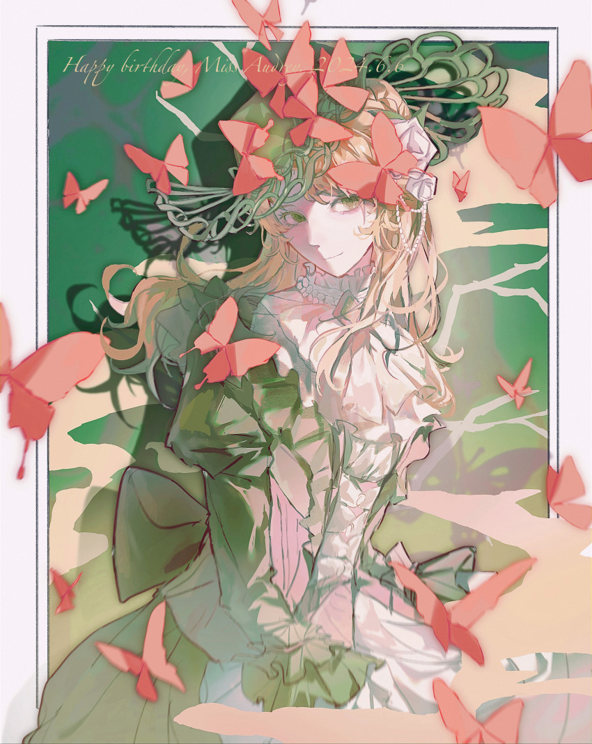 1girl, absurdres, ascot, audrey_hall, back_bow, blonde_hair, border, bow, brown_bow, brown_dress, brown_eyes, brown_hat, bug, butterfly, character_name, chinese_commentary, closed_mouth, commentary_request, cowboy_shot, dated, dress, english_text, film_grain, frilled_sleeves, frills, green_background, happy_birthday, hat, highres, insect, long_hair, long_sleeves, lord_of_the_mysteries, old_xianchi, outside_border, smile, solo, white_ascot, white_border