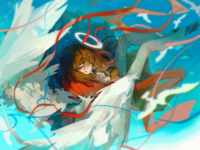 1boy, absurdres, angel, angel_wings, black_shoes, blue_sky, brown_hair, chinese_commentary